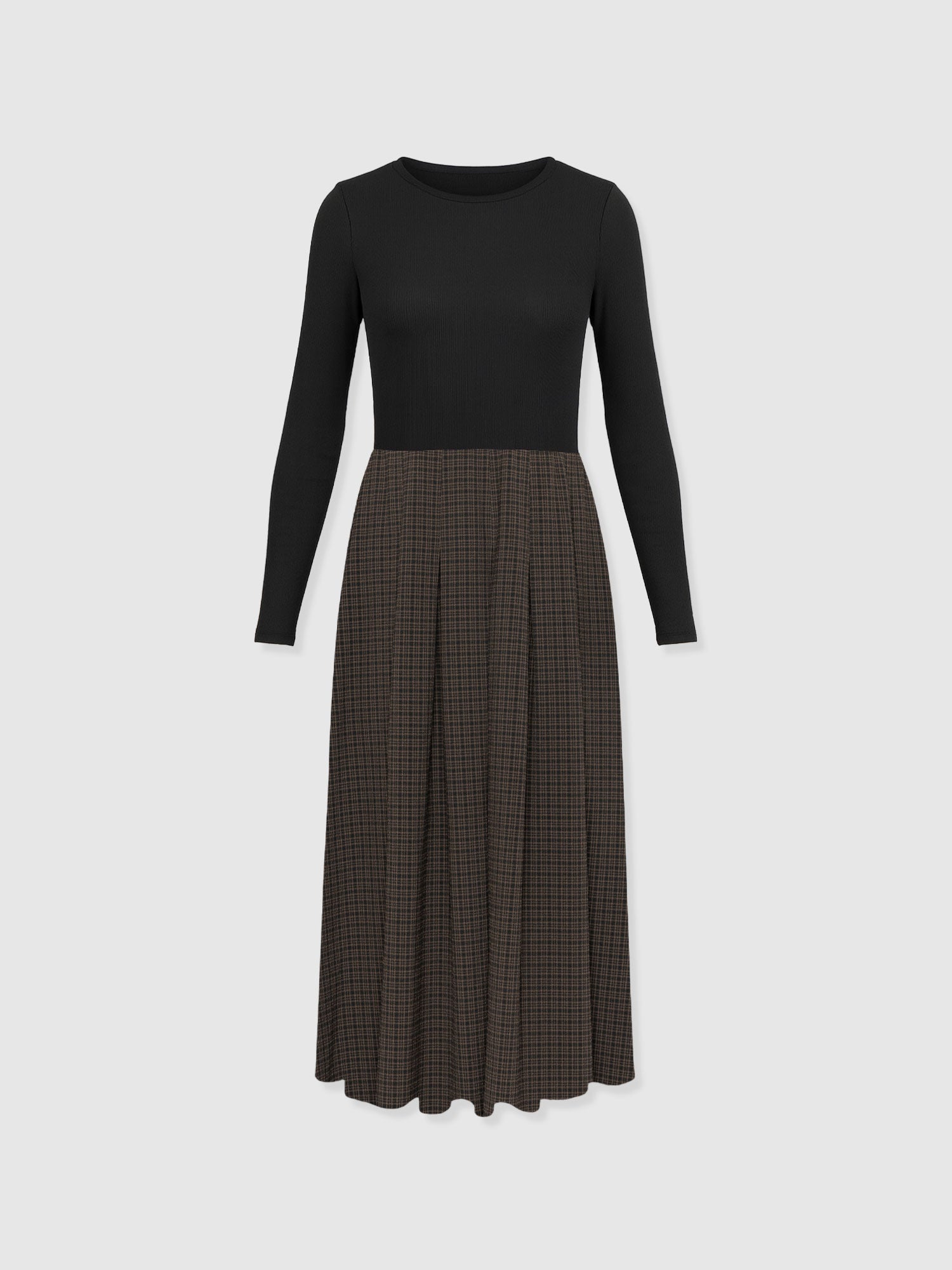 Renee Contrast Long Sleeve Dress - Brown Check